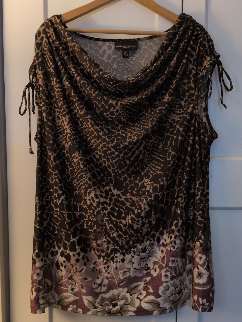 Dana Buchman Brown and Purple Printed Cowl Neck Sleeveless Top